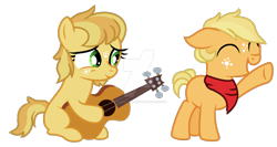 Size: 1280x683 | Tagged: safe, artist:venomous-cookietwt, derpibooru import, oc, oc only, earth pony, pony, base used, colt, female, filly, guitar, male, musical instrument, offspring, parent:applejack, parent:caramel, parents:carajack, simple background, transparent background