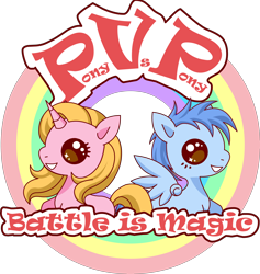 Size: 4500x4755 | Tagged: safe, artist:artix entertainment, derpibooru import, oc, oc only, pegasus, pony, unicorn, .svg available, absurd resolution, chibi, female, flash game, logo, male, mare, pony vs pony, rainbow, raised hoof, raised leg, simple background, stallion, svg, transparent background, vector