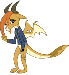 Size: 3470x3739 | Tagged: safe, artist:ponygamer2020, artist:tomfraggle, derpibooru import, ocellus, changedling, changeling, dragon, fallout equestria, school daze, blushing, clothes, cute, diaocelles, disguise, disguised changeling, dragon ocellus, dragoness, fallout, female, high res, horns, jumpsuit, looking at you, pipboy, shy, simple background, smiling, smiling at you, solo, spread wings, teenaged dragon, transparent background, vault suit, vector, wings