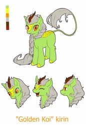 Size: 1490x2160 | Tagged: safe, artist:chaary, derpibooru import, oc, oc only, oc:golden koi, kirin, braid, male, reference sheet, solo, trap