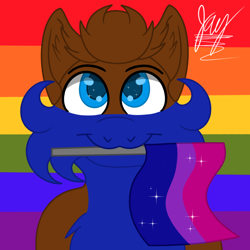 Size: 1200x1200 | Tagged: safe, artist:jay_wackal, derpibooru import, oc, oc only, oc:rubik, earth pony, pony, :3, bisexual pride flag, colored pupils, cute, ear fluff, ears, gay pride, lgbt, male, original character do not steal, pride, pride flag, smiling, solo, sparkly eyes, stallion, starry eyes, wingding eyes