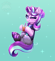 Size: 2683x3000 | Tagged: safe, artist:confetticakez, starlight glimmer, pony, unicorn, beanie, blushing, boots, choker, clothes, equestria girls outfit, female, gradient background, hat, holding, hoof hold, iced coffee, jeans, looking at you, mare, one eye closed, pants, ripped jeans, ripped pants, shoes, solo, sparkles, torn clothes, vest, wink
