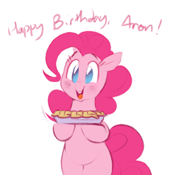 Size: 1288x1266 | Tagged: safe, artist:hattsy, pinkie pie, earth pony, pony, bipedal, blushing, female, food, happy birthday, hoof hold, implied anon, looking at you, mare, open mouth, pie, simple background, smiling, solo, talking, talking to viewer, white background