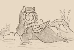 Size: 1350x900 | Tagged: safe, artist:ahorseofcourse, fluttershy, bird, duck, pegasus, pony, flutternun, habit, monochrome, nun, sketch, smiling, swimming