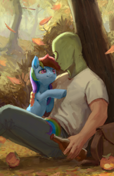 Size: 1106x1708 | Tagged: safe, artist:rhorse, edit, ponerpics import, rainbow dash, oc, oc:anon, earth pony, human, pony, autumn, bag, bottle, cider, duo, female, human male, leaves, looking at each other, male, mare, mask, outdoors, sitting, tree