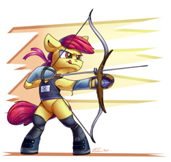 Size: 1200x1134 | Tagged: safe, artist:tsitra360, apple bloom, earth pony, pony, semi-anthro, archery, arrow, bipedal, bow (weapon), bow and arrow, clothes, female, shoes, signature, solo, sports, tongue, tongue out