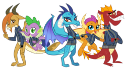 Size: 5360x3008 | Tagged: safe, artist:andoanimalia, artist:ponygamer2020, artist:thesharp0ne, artist:tomfraggle, derpibooru import, garble, ocellus, princess ember, smolder, spike, changedling, changeling, dragon, fallout equestria, dragon quest, school daze, triple threat, absurd resolution, blushing, claws, clothes, crossed arms, cute, diaocelles, disguise, disguised changeling, dragon ocellus, dragon wings, dragoness, dragons wearing clothes, fallout, female, flying, group, happy, horns, jumpsuit, looking at you, male, open mouth, pipboy, shy, simple background, smiling, smiling at you, smolderbetes, spread wings, teenaged dragon, teeth, transparent background, vault suit, vector, waving, waving at you, winged spike, wings