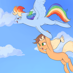 Size: 1000x1000 | Tagged: safe, artist:nodambol, derpibooru import, applejack, rainbow dash, earth pony, pegasus, pony, applejack's hat, clothes, cowboy hat, duo, ears, female, floppy ears, flying, hat, mare, open mouth, sky background