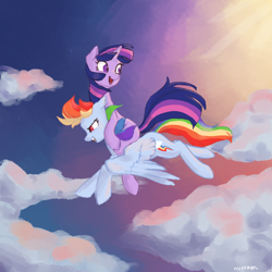 Size: 1000x1000 | Tagged: safe, artist:nodambol, derpibooru import, rainbow dash, twilight sparkle, unicorn twilight, pegasus, pony, unicorn, duo, female, flying, mare, open mouth, ponies riding ponies, riding, sky background, smiling