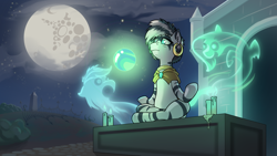 Size: 3840x2160 | Tagged: safe, artist:cocaine, derpibooru import, oc, oc only, ghost, ghost pony, zebra, candle, commission, crystal ball, graveyard, high res, lotus position, ritual, sitting, zebra oc