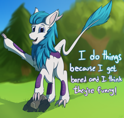 Size: 2500x2380 | Tagged: safe, artist:dadio46, derpibooru import, oc, oc:ketten moon, kirin, claws, forest background, horns, kirin oc, open mouth, raised leg, rock, talking, talking to viewer, text, tree