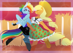 Size: 932x684 | Tagged: safe, artist:trainerfairy, derpibooru import, applejack, rainbow dash, anthro, digitigrade anthro, alternate clothes, appledash, blushing, dancing, female, freckles, hat, hay bale, lesbian, shipping, short hair, smiling