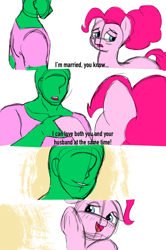 Size: 2042x3072 | Tagged: safe, artist:datzigga, derpibooru import, pinkie pie, oc, oc:anon, earth pony, human, pony, comic, implied bisexual, implied cheese sandwich, implied cheesepie, implied shipping, male, meme, muscles, muscular male, older, older pinkie pie, sketch