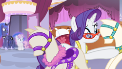 Size: 1280x720 | Tagged: safe, derpibooru import, screencap, princess luna, rarity, sweetie belle, for whom the sweetie belle toils, carousel boutique, female, glasses rarity, measuring tape