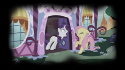 Size: 1280x720 | Tagged: safe, derpibooru import, screencap, fluttershy, rarity, pegasus, unicorn, for whom the sweetie belle toils, season 4, carousel boutique, female