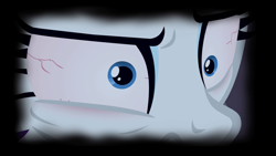 Size: 1280x720 | Tagged: safe, derpibooru import, screencap, rarity, for whom the sweetie belle toils, season 4, bloodshot eyes, close-up, consequences, extreme close up, female, madness