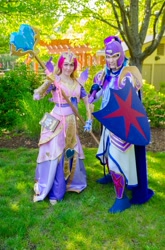 Size: 822x1242 | Tagged: safe, derpibooru import, princess cadance, shining armor, human, clothes, cosplay, costume, everfree northwest, everfree northwest 2015, irl, irl human, photo, shield