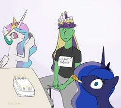Size: 764x678 | Tagged: safe, artist:furseiseki, derpibooru import, princess celestia, princess luna, oc, oc:anon, birthday, cake, camera, food, hat, party hat, party horn, practical joke, request, royal sisters, rude, siblings, sign, simple background, sisters, vulgar, white background