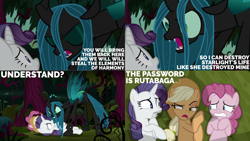 Size: 1280x720 | Tagged: safe, derpibooru import, edit, edited screencap, editor:quoterific, screencap, mean applejack, mean pinkie pie, mean rarity, queen chrysalis, changeling, earth pony, pony, unicorn, season 8, the mean 6, spoiler:s08, applejack's hat, clone, clothes, cowboy hat, eyes closed, female, forest, hat, mare, open mouth, yelling