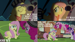 Size: 1280x720 | Tagged: safe, derpibooru import, edit, edited screencap, editor:quoterific, screencap, fluttershy, pinkie pie, rainbow dash, rarity, twilight sparkle, unicorn twilight, earth pony, pegasus, pony, unicorn, mmmystery on the friendship express, season 2, cake, eyes closed, female, food, friendship express, hat, mare, open mouth, yelling