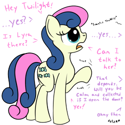 Size: 2000x2000 | Tagged: safe, artist:dafiltafish, derpibooru import, bon bon, sweetie drops, earth pony, pony, dialogue, female, high res, implied lyra, implied twilight sparkle, mare, simple background, solo, transparent background