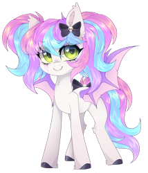 Size: 1992x2332 | Tagged: safe, artist:_spacemonkeyz_, derpibooru import, oc, oc:saccharine, bat pony, bat pony oc, bat wings, bow, wings