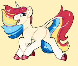 Size: 2600x2200 | Tagged: safe, artist:loryska, derpibooru import, oc, pony, unicorn, female, high res, mare, offspring, parent:shining armor, parent:sunset shimmer, parents:shiningshimmer, simple background, solo, yellow background