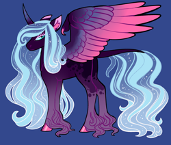 Size: 2600x2200 | Tagged: safe, artist:loryska, derpibooru import, oc, alicorn, pony, blue background, female, high res, magical lesbian spawn, mare, offspring, parent:nightmare moon, parent:twilight sparkle, parents:twimoon, simple background, solo, two toned wings, wings