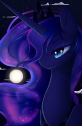 Size: 704x1078 | Tagged: safe, artist:clefficia, derpibooru import, princess luna, alicorn, pony, blue eyes, blue mane, cloud, crown, ethereal mane, eyelashes, female, flowing mane, horn, jewelry, long horn, moon, moonlight, night, regalia, sky, slit eyes, solo, starry mane, stars