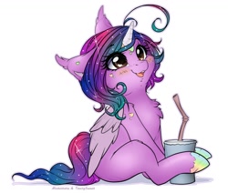 Size: 1386x1176 | Tagged: safe, artist:miokomata, artist:tawnysweetarts, derpibooru import, oc, oc only, oc:dazzling talents, alicorn, pony, collaboration, bendy straw, blushing, chest fluff, cute, drink, drinking straw, female, mare, ocbetes, open mouth, simple background, sitting, solo, white background