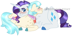 Size: 1580x806 | Tagged: safe, artist:artistcoolpony, derpibooru import, coco pommel, rarity, earth pony, pony, unicorn, blushing, chest fluff, colored hooves, cuddling, ears, eyes closed, female, floppy ears, lesbian, lying down, mare, marshmallow coco, prone, shipping, simple background, smiling, transparent background, watermark