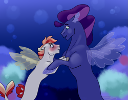 Size: 981x767 | Tagged: safe, artist:charlie03bigote, derpibooru import, oc, oc only, seapony (g4), blushing, bubble, crepuscular rays, dorsal fin, fin wings, fins, fish tail, male, ocean, open mouth, tail, underwater, water, wings