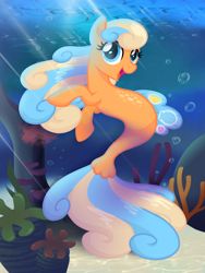 Size: 1536x2048 | Tagged: safe, artist:equinepalette, derpibooru import, oc, oc only, earth pony, pony, seapony (g4), blue eyes, bubble, coral, dorsal fin, female, fish tail, flowing mane, flowing tail, looking at you, multicolored hair, multicolored tail, ocean, seaponified, seaweed, smiling, solo, species swap, sunlight, tail, underwater, water