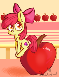 Size: 414x540 | Tagged: safe, artist:docdoughnut, derpibooru import, apple bloom, apple, apple bloom's bow, bow, cutie mark, food, hair bow, signature, sitting, smiling, solo