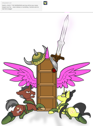 Size: 1000x1362 | Tagged: safe, artist:wiggles, derpibooru import, oc, oc:shai ni, oc:techno wizard, pony, unicorn, shelf, sword, weapon