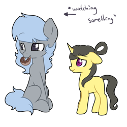 Size: 500x500 | Tagged: safe, artist:ruedle, derpibooru import, oc, oc only, oc:shai ni, earth pony, pony, unicorn, donut, female, filly, food