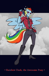 Size: 3480x5329 | Tagged: safe, artist:marlokiss, derpibooru import, rainbow dash, anthro, belt, clothes, fingerless gloves, gloves, helltaker, necktie, sunglasses on head, winged anthro