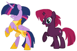 Size: 1042x692 | Tagged: safe, artist:evergreen2024, artist:raini-bases, artist:sakurastageani, derpibooru import, fizzlepop berrytwist, tempest shadow, twilight sparkle, twilight sparkle (alicorn), alicorn, pony, unicorn, alternate hairstyle, alternate universe, armor, base used, bipedal, broken horn, duo, eyes closed, female, grin, hoof shoes, horn, mare, raised hoof, raised leg, simple background, smiling, transparent background