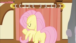 Size: 1280x720 | Tagged: safe, derpibooru import, screencap, fluttershy, pegasus, pony, scare master, bipedal, butt, curtain, curtains, ears, eyes closed, female, floppy ears, flutterbutt, fluttershy's cottage, fluttershy's cottage (interior), fluttershy's cutie mark, happy, house, mare, one wing out, plot, pulling, raised hoof, raised leg, smiling, turning, wings