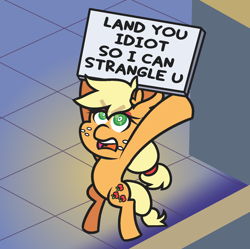 Size: 1748x1740 | Tagged: safe, artist:threetwotwo32232, derpibooru import, applejack, earth pony, pony, angry, applejerk, bipedal, female, hatless, implied rainbow dash, mare, missing accessory, open mouth, parody, sign, solo, tail spin