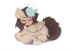 Size: 1024x734 | Tagged: safe, artist:kebchach, derpibooru import, oc, oc only, pegasus, pony, rabbit, animal, blushing, chest fluff, eyes closed, heart, lying down, sketch, smiling, solo