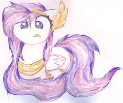 Size: 2048x1721 | Tagged: safe, artist:papersurgery, derpibooru import, oc, oc:athena (shawn keller), pegasus, pony, accessories, female, guardians of pondonia, mare, open mouth, ponyloaf, sitting, solo, traditional art, watercolor painting