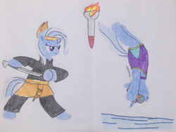 Size: 1280x960 | Tagged: safe, artist:don2602, derpibooru import, trixie, pony, unicorn, bipedal, clothes, goggles, headband, smiling, solo, swimsuit, sword, torch, traditional art, weapon