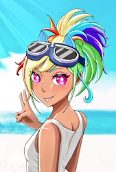 Size: 692x1024 | Tagged: safe, artist:kanrururu7, derpibooru import, rainbow dash, beach, clothes, google, kotobukiya, kotobukiya rainbow dash, peace sign, sleeveless, tanktop