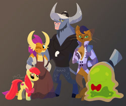 Size: 1920x1622 | Tagged: safe, artist:heavysplatter, derpibooru import, apple bloom, capper dapperpaws, iron will, smolder, abyssinian, dragon, earth pony, dragoness, female, gradient background, hand on shoulder, older, older apple bloom, older smolder