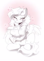 Size: 1463x2048 | Tagged: safe, artist:kebchach, derpibooru import, oc, oc only, pegasus, pony, turtle, bandage, bandaid, blushing, cuddling, eyes closed, happy, heart, plushie, sketch, smiling, solo, spread wings, wings