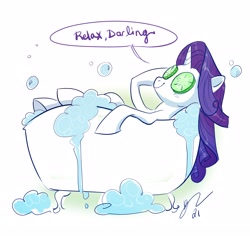 Size: 4096x3859 | Tagged: safe, artist:opalacorn, derpibooru import, rarity, pony, unicorn, bath, bathtub, covering eyes, cucumber, dialogue, food, smiling, soap suds, solo