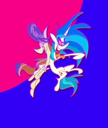 Size: 1730x2048 | Tagged: safe, artist:brdte, derpibooru import, dj pon-3, octavia melody, vinyl scratch, earth pony, unicorn, big hair, cartoon, cartoony, crazy face, duo, duo female, exaggerated anatomy, faic, female, hoof on shoulder, mare, midair, open mouth, simple background, smiling, stylized, tongue, tongue out