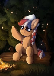 Size: 769x1073 | Tagged: safe, artist:hitbass, derpibooru import, oc, oc only, oc:ember (hwcon), campfire, chest fluff, cute, dutch cap, hat, ocbetes, raised hoof, raised leg, solo, solo focus