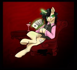 Size: 2194x2001 | Tagged: safe, artist:opalacorn, derpibooru import, oc, oc only, oc:gamble, pony, semi-anthro, unicorn, fallout equestria, fallout equestria: red 36, ace of spades, alcohol, chair, clothes, commission, deck of cards, fanfic art, glass, lidded eyes, looking at you, lounge chair, magic, male, martini, martini glass, necktie, playing card, shirt, sitting, smiling, smug, solo, stallion, table, telekinesis, underhoof, vest